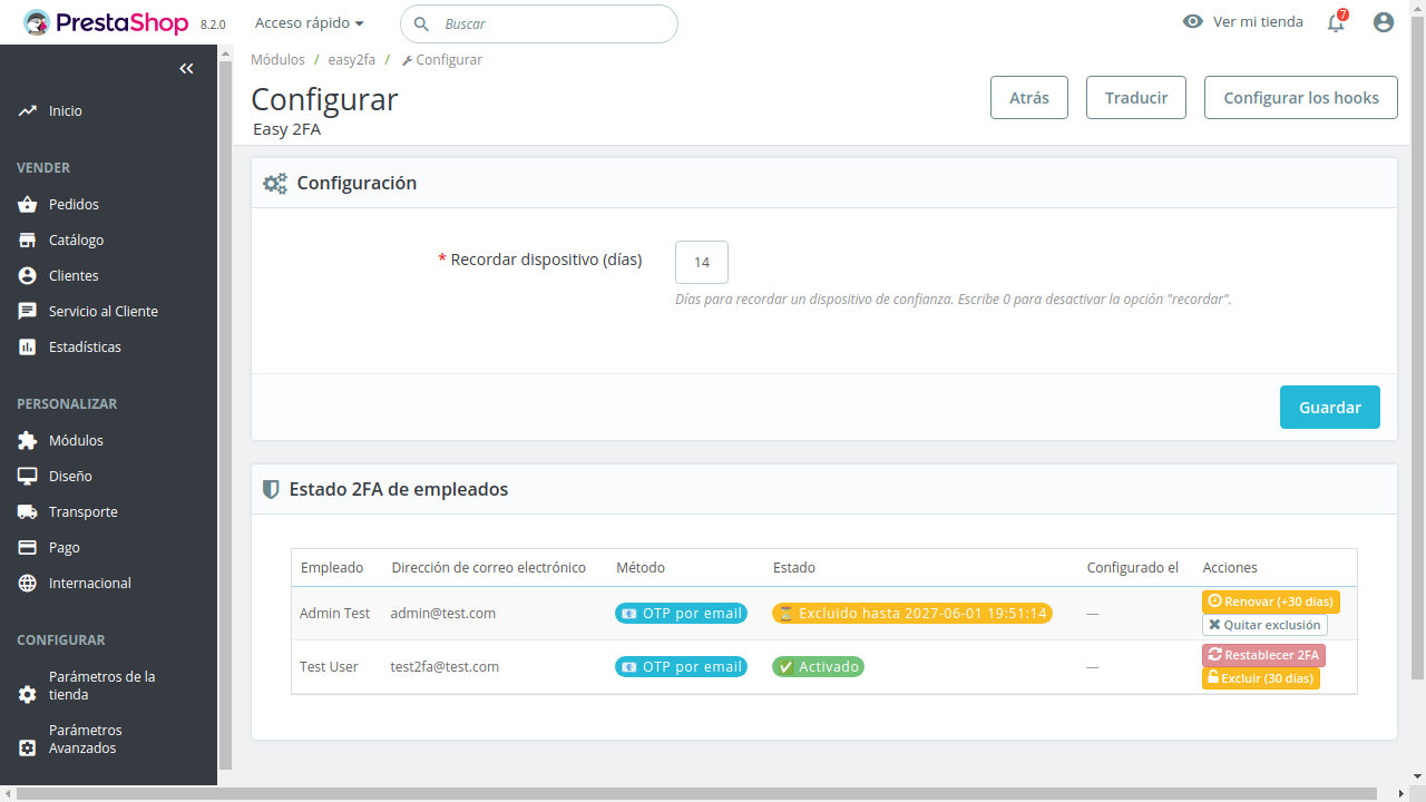 Configuración de Easy 2FA donde se pueden ver los métodos de autenticación de los empleados